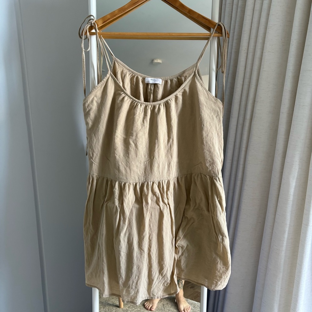 Mikoh tan tiered Relaxed Tie strap Mini dress 🤎